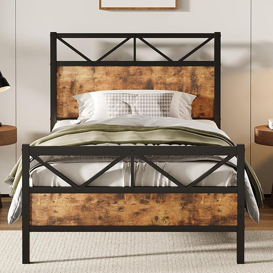 Twin Size Bed Frame with 51.2" Tall Headboard and Footboard, Platform Bed Frame with Metal Support, Solid and Stable, Noise Free, No Box Spring Needed, Rustic Brown