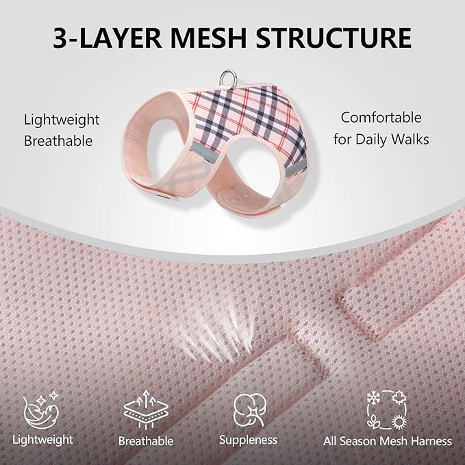Dog Harness for Small Sized Dog,Hook-and-Loop Easy On/Off, Reflective Adjustable Soft Mesh Vest for Puppy (Checkered Beige,XS)