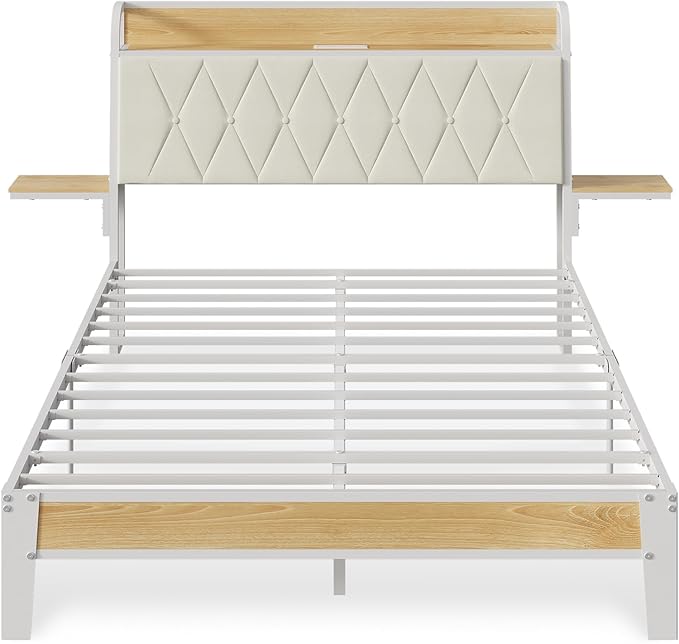 WLIVE Full Size Upholstered Bed Frame with 2 Side Shelves, Linen Tufted Storage Headboard with Charging Ports and LED Light, Metal Solid and Stable, No Box Spring Needed, Easy Assembly, Beige