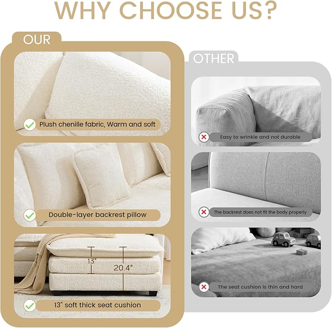 147.8" U Shaped Modular Sectional Sofa, Comfy Cloud Couch with Movable Ottoman, Deep Seat Modular Sofa, Sectional Couches for Living Room, Bedroom, Apartment (Beige)