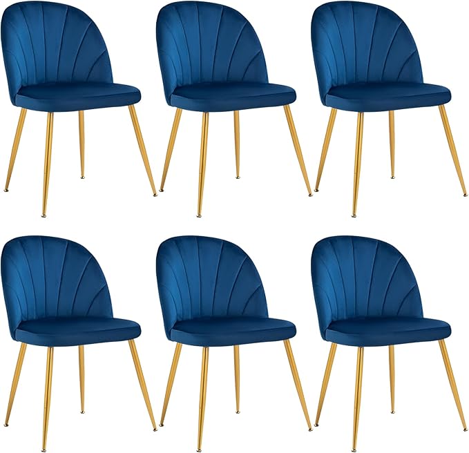 Velvet Dining Chairs Set of 6, Upholstered Mid Century Modern Dining Chairs, Armless Accent Chair with Metal Gold Legs for Living Room, Kitchen, Dining Room, Blue