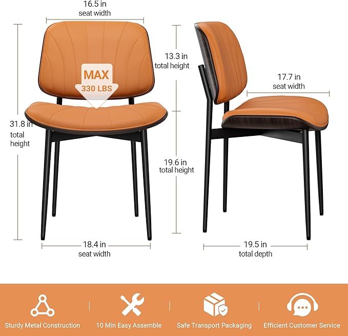 Dining Chairs Set of 4, Mid-Century Modern Upholstered PU Leather Chairs with Walnut Back and Metal Legs Adjustable Feet for Kitchen Dining Room, Orange Shell Strips
