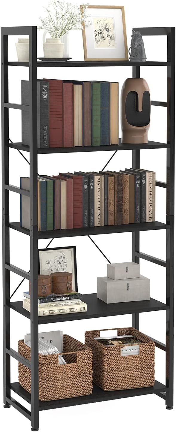 24" Bookshelf, 5-Tier Ladder Shelf, Industrial Bookcase, Wooden and Metal Storage Rack, Shelving Unit for Living Room Entryway Office, Black Book Shelves