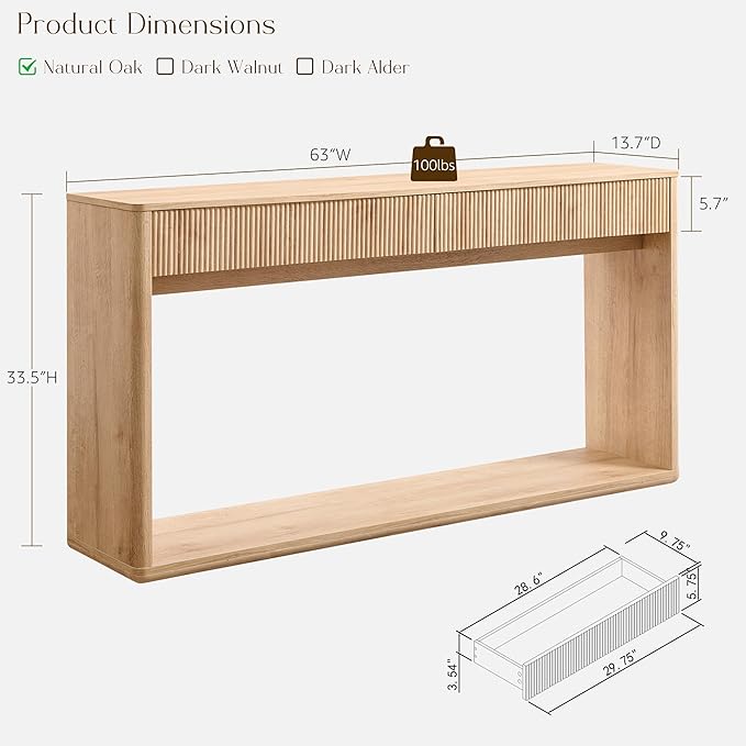 OKD 63" Fluted Console Table for Entryway, Modern Entryway Table with 2 Large Drawers, Long Sofa Table Behind Couch for Living Room, Hallway, Couch, Foyer，Natural Oak
