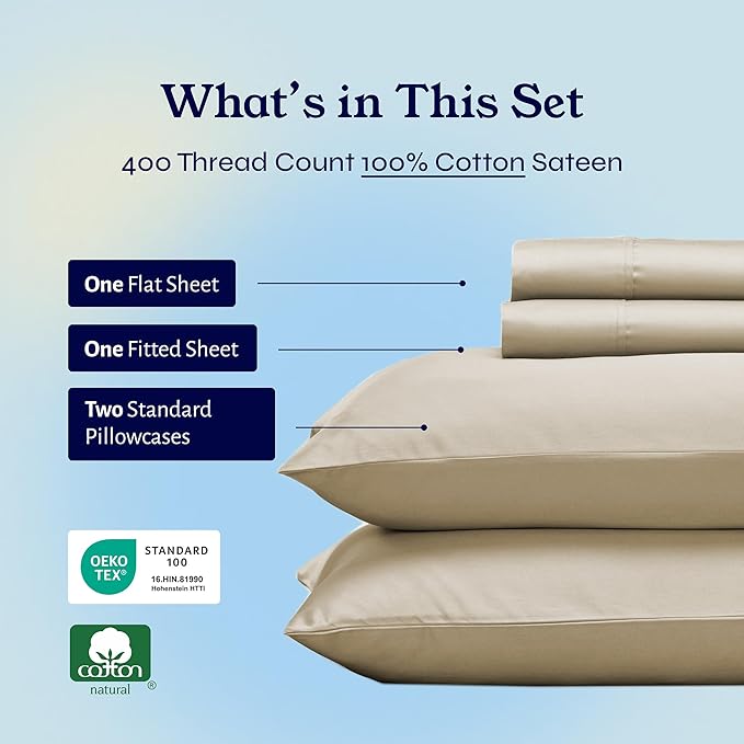 California Design Den Full Size Bed Sheets Set - Soft 400 Thread Count Sateen, Natural 100% Cotton Sheets Set with Deep Pockets, Breathable, Cooling and Durable Bedding - Beige (Golden Tone)