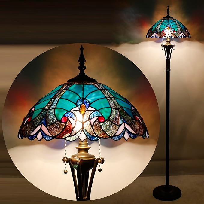Tiffany Floor Lamp Green Liaison Stained Glass Standing Reading Light 16X16X70 Inches Antique Pole Corner Lamp Decor Bedroom Office Living Room