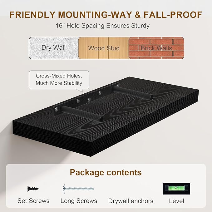 Fun Memories Deep Black Floating Shelves, 8 Inch Deep Floating Shelf for Wall, Rustic Black Wall Shelves 55 Inch Long, Large 55 x 8 Storage Shelves for Living Room, Bedroom, Kitchen