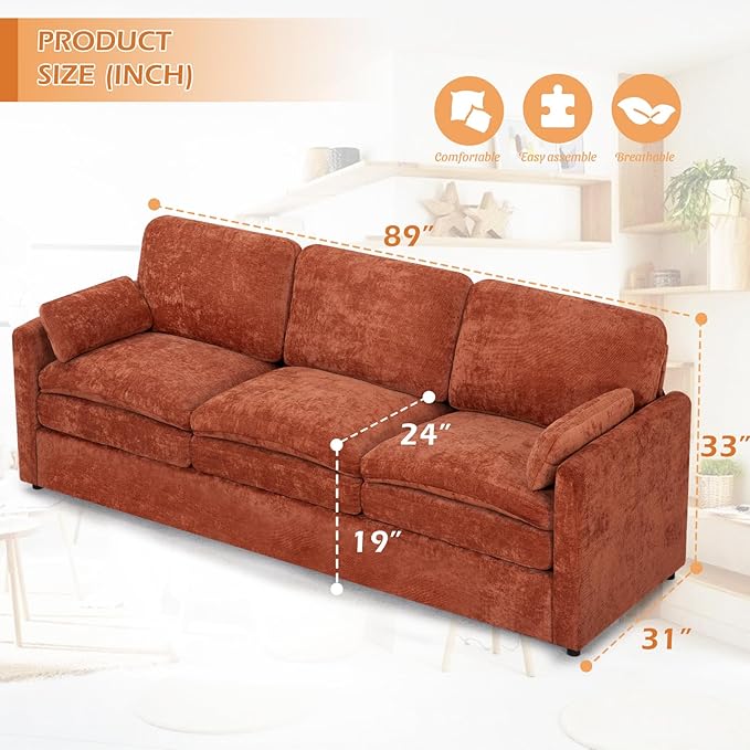3 Pieces Chenille Sofa Set w/Arm Pillows, Upholstered Loveseat & 2 Pieces 3 Seater Sofa w/Comfortable Back Cushions, Modern 2-Seat & 3-Seat w/High-Density Foam for Living Room, Orange