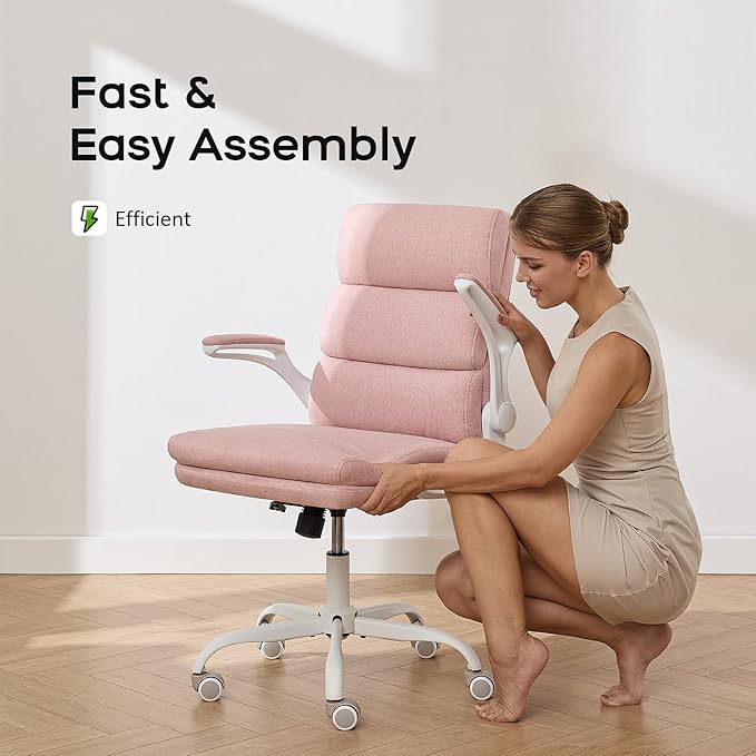 Office Chair Adjustable Desk Chair Mid Back Executive Comfortable Fabric Ergonomic Back Support Home Computer Chair with Padded Flip-up Armrest Swivel Wheels (Pink)
