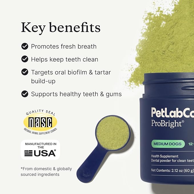 PetLab Co. ProBright Dental Powder - Dog Breath Freshener - Teeth Cleaning Made Easy – Targets Tartar & Bad Breath - Formulated for Medium Size Dogs - Packaging May Vary