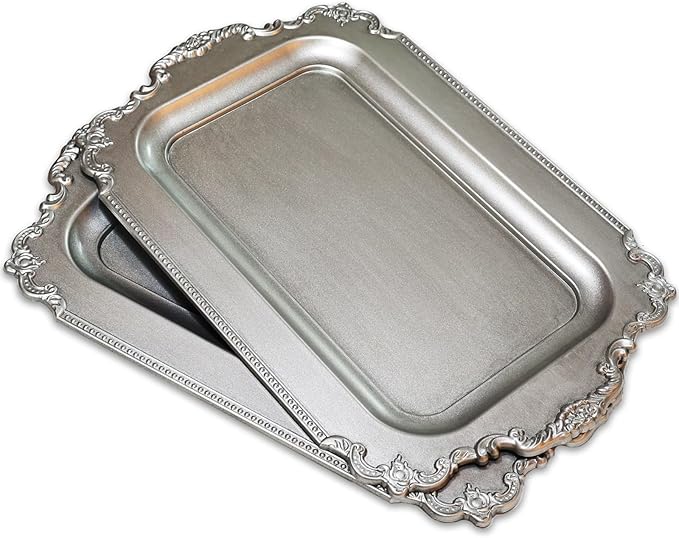Set of 2 Matte Silver-Effect Plastic Decorative Trays for Coffee Table- Vintage Style (Actual Available Size: 10.5" L x 5.9" W)
