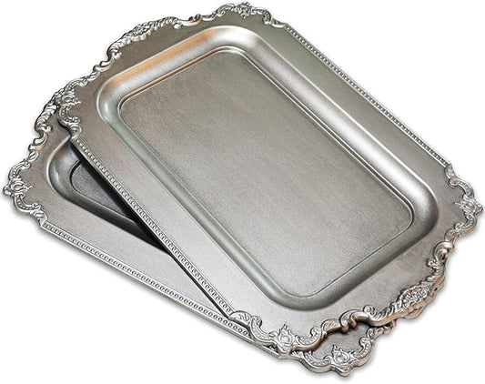 Set of 2 Matte Silver-Effect Plastic Decorative Trays for Coffee Table- Vintage Style (Actual Available Size: 10.5" L x 5.9" W)