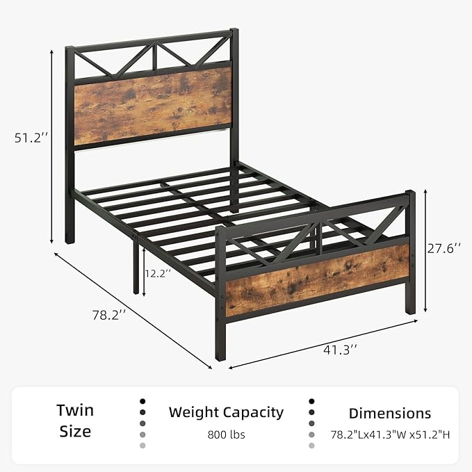 Twin Size Bed Frame with 51.2" Tall Headboard and Footboard, Platform Bed Frame with Metal Support, Solid and Stable, Noise Free, No Box Spring Needed, Rustic Brown