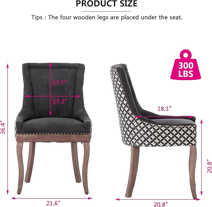 Farmhouse Dining Chairs Set of 2, Upholstered Fabric Dining Room Accent Chairs with Wood Legs & Bronze Nailhead, High Wingback Kitchen Chairs for Living Room Hotel Apartment, Black