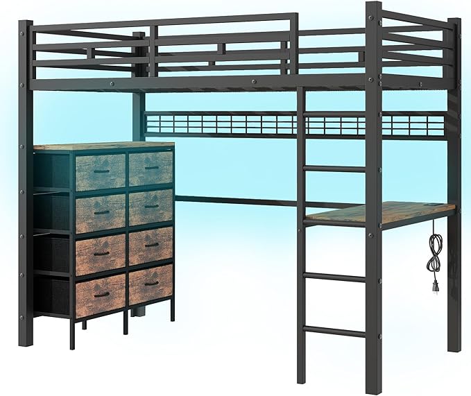 Loft Bed Twin Size with Desk, 8 Storage Drawers, Power Outlet, LED Metal Loft Bed with Storage Shelve, Bed with Safety Guardrail & Ladders,Space-Saving,Black