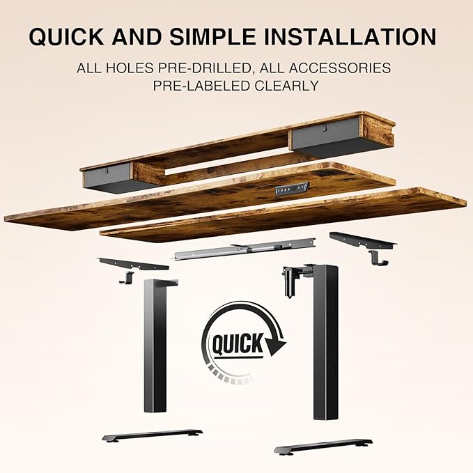 Veken 63"×27.6" Adjustable Standing Desk with Drawers, Ergonomic Computer Desk with Monitor Shelf, Home Office Desk for Work, Study, Gaming, Writing, Brown