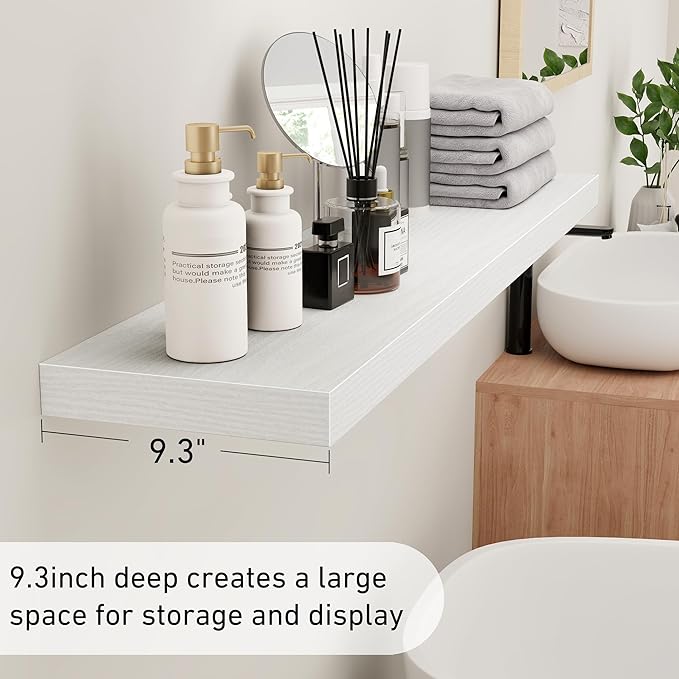 Fun Memories 36 Inch Floating Shelves - Rustic Wooden Wall Shelves - Wall Mounted Storage Shelf with Invisible Brackets - Extra Deeper & Thicker for Living Room, 36" W x 9.3" D x 1.5" H - White