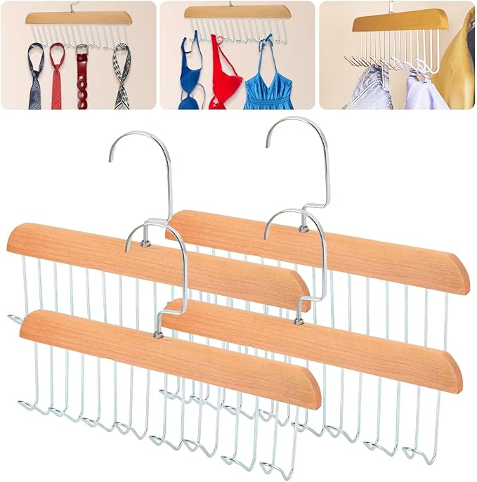 4Pcs Anti Slip Multi Hook Coat Racks,Bra Hangers for Closet Organizer with 8 Hooks 360 °Swivel Belt Hanger for Closet for Belt, Tie, Tank Top, Bra, Scarf (Beige)