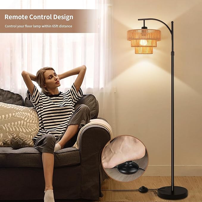 Boho Floor Lamp for Living Room Bedroom with Remote,Arc Farmhouse Floor Lamps with 3 Color Temperature,Rustic Standing Lamp with 3-Tier Rattan Wicker Shades,Adjustable Tall Lamp for Office,Corner