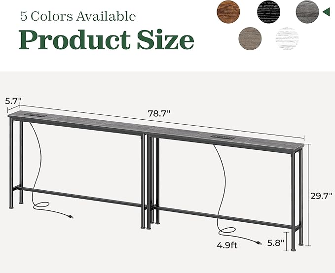 SUPERJARE 78.8 Inch Narrow Console Table with Outlet, Sofa Tables, Behind Couch Table, Long Entryway Tables with Charging Station, for Living Room, Charcoal Gray
