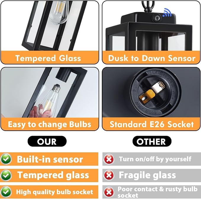 Outdoor Pendant Light Dusk to Dawn, 11'' Porch lights Outdoor Chandelier Hanging Ceiling Lights, Black Aluminum Lightshade with Tempered Glass, Exterior Lighting Fixture for Porch Yard, Gazebo, 1 Pack