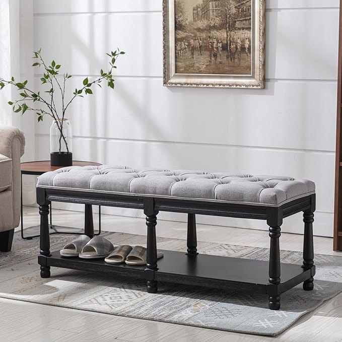 DUOMAY Mid-Century Tufted Storage Bench with Shelf, Linen Upholstered Farmhouse Entryway Shoe Bench Ottoman Bed End Stool for Bedroom Living Room Dining Room, Black Wood Frame, Grey