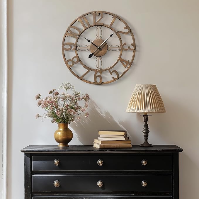 Cuspin Wall Clock, 16 Inch Bronze Metal Wall Clock Silent Non-Ticking Battery Operated, Large Round Retro Arabic Numerals Analog Decorative Clocks for Living Room Kitchen Mantel Office
