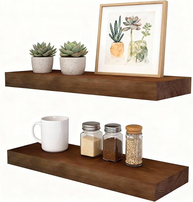 foxsky 16 Inch Solid Pine Wood Floating Shelves for Wall with Hidden Brackets, Rustic Farmhouse Wall Mounted Shelf for Bathroom, Living Room, Bedroom, Kitchen, Office Decor (Walnut)