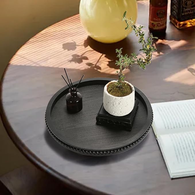 Wooden Beaded Decor Tray for Coffee Table, Rustic Wooden Trays Table Centerpieces, Decorative Trays for Home Decor Kitchen Table Farmhouse Serving Tray (Round Black)