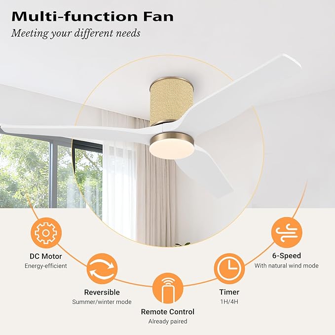 52" Ceiling Fan with Light - Low Profile Flush Mount Ceiling Fan, 6-Speed Remote Control, Solid Wood, Quiet Reversible DC Motor, Boho Style, for Bedroom, Living Room, Porch White/Gold