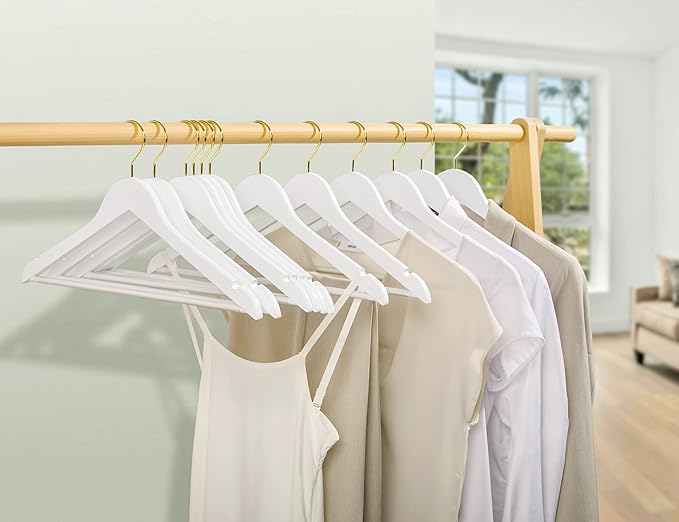 Amber Home 30 Pack Solid Wood Suit Coat Hangers, Smooth White Finish Wooden Dress Hangers with Non Slip Pant Bar, Clothes Hangers with Gold Hook & Notches for Jacket, Pant, Shirt (White+Gold, 30)