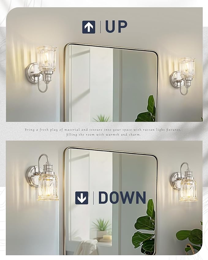 Bathroom Wall Sconces Brushed Nickel, HWH Modern Bathroom Vanity Wall Light Sconce Wall Lighting Set of 2, 1-Light Wall Sconce Bell-Shaped Fluted Glass, 5HZG106B-2 BN