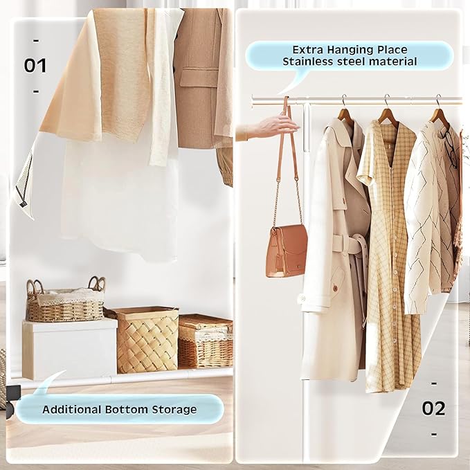 Clothing Rack, 55.51 Inch Heavy Duty Clothes Rack Rolling Garment Rack with Wheels and Bottom Shelf, 130LB Capacity Clothes Racks for Hanging Clothes, Coats, Shirts, Sweaters, Skirts, White