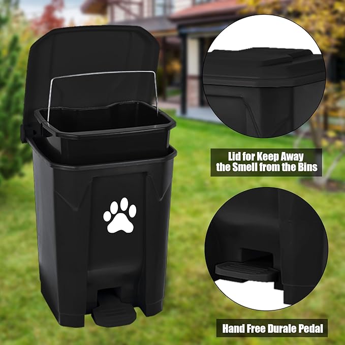 tebiete Dog Poop Trash Can Outdoors Pet Waste Station with Lid Dog Waste Disposal Container with Removable Inner Bin Bucket Hands-Free Pedal Garden Yard Home with Waste Bags, Black