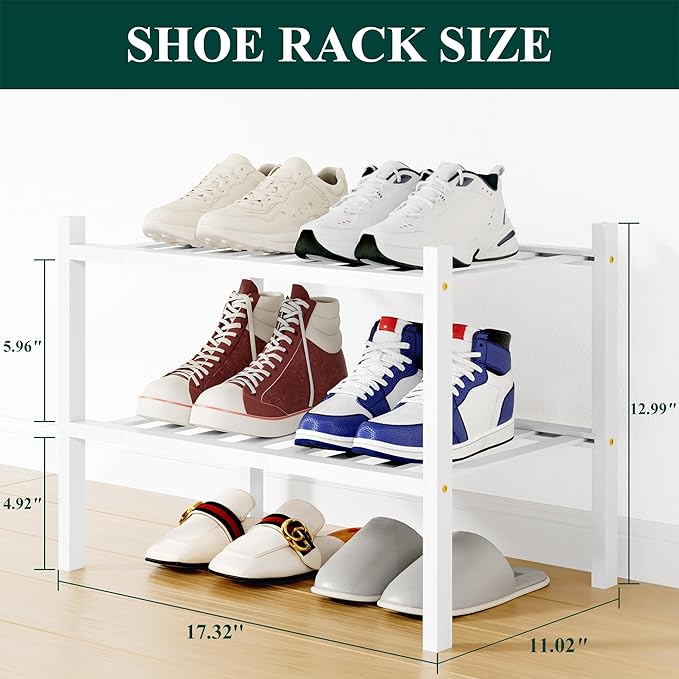 Smiry Shoe Rack, 2 Tier Small Bamboo Shoe Organizer, Stackable Free Standing Wooden Shoe Storage Shelf for Closet, Entryway, Front Door Entrance, White