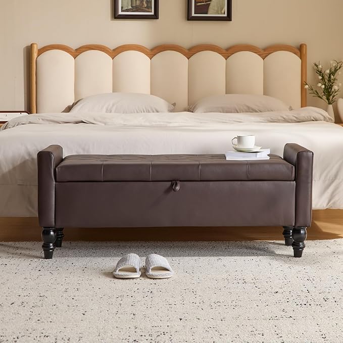47" Storage Ottoman Bench, End of Bed Bench for Bedroom, Leather Upholstered Ottoman with Storage for Living Room, Entryway, Window (Brown)
