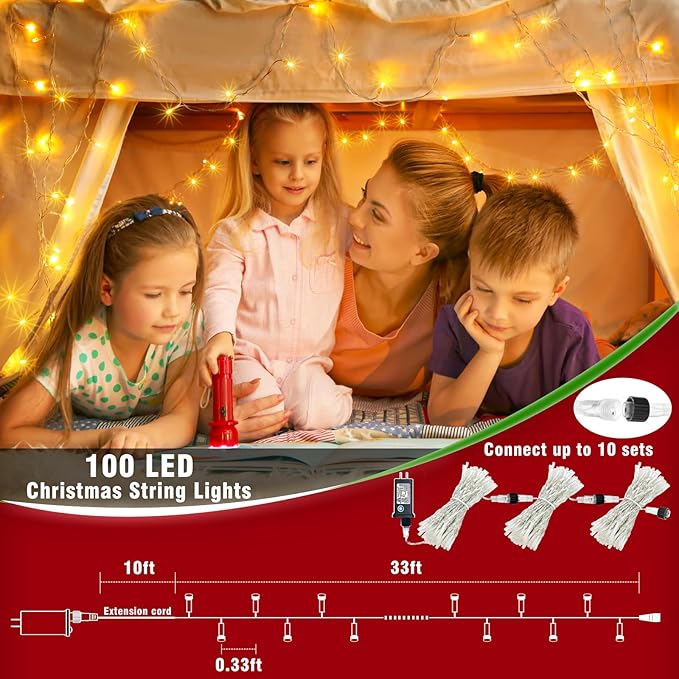 33ft 100 LED Christmas Lights Outdoor Waterproof, Warm White Christmas String Lights Indoor Clear Wire 8 Modes, Plug in Twinkle Fairy String Lights for Bedroom Wedding Classroom Garden Decorations