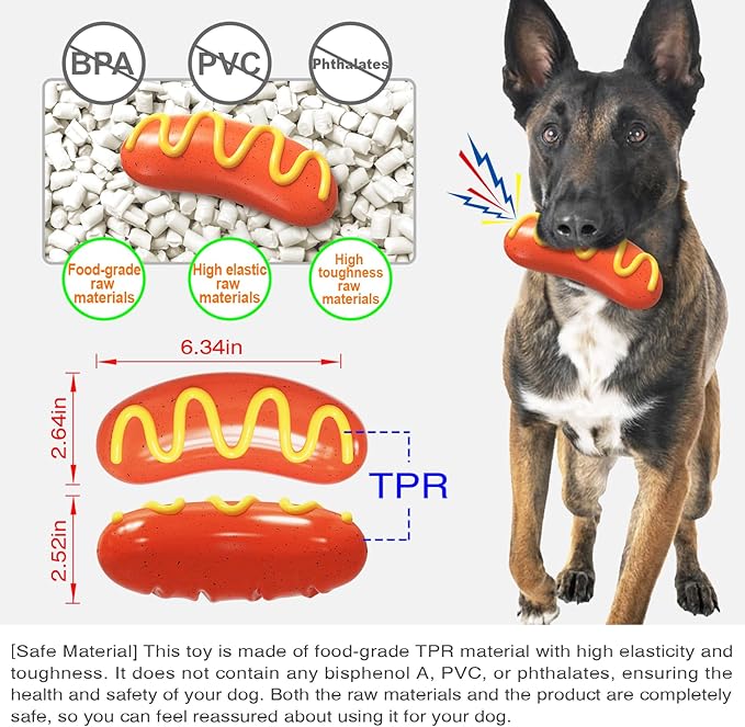 Dog Toys Chewers,Dog Chew Toy for Aggressive Chewers Hotdog,Squeaky Dog Toy Interactive (Red Hotdog)