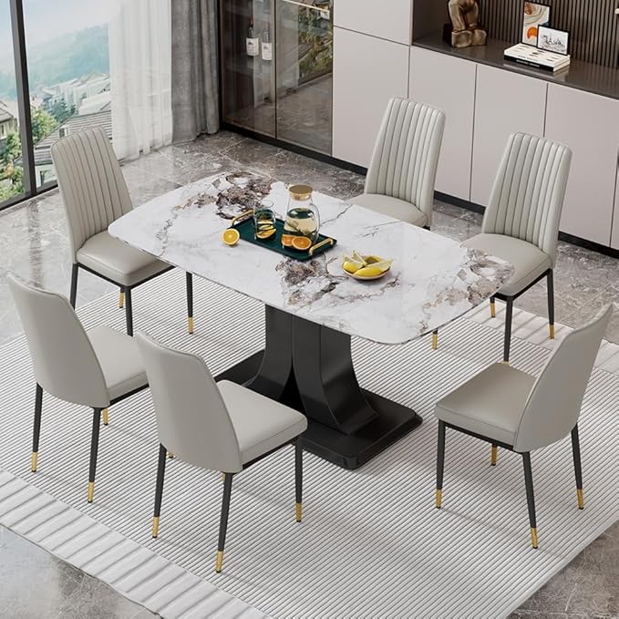 Modern Dining Table Set for 6, Marble Kitchen Table Chair Set for 6, Rectangular Kitchen Table with 6 Pu Leather Upholstered Chair for Dining Room (White with 6 Light Grey Chairs)