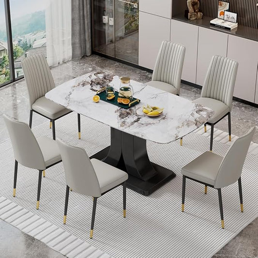 Modern Dining Table Set for 6, Marble Kitchen Table Chair Set for 6, Rectangular Kitchen Table with 6 Pu Leather Upholstered Chair for Dining Room (White with 6 Light Grey Chairs)