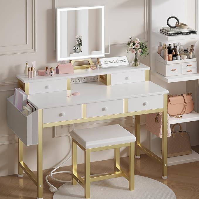White Makeup Vanity Desk with Lights - 40 inch Girls Vanity Set with Mirror and Chair, Make Up Dresser Table with Drawers and Power Outlet for Bedroom Small Space, White and Gold