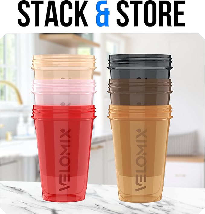 VELOMIX -6 PACK- 20 OZ Protein Shaker Bottles for Protein Mixes, Shaker Cups for Protein Shakes, Small Shaker Bottle Pack, Shaker Cup, Shakers for protein Shakes (Midnight Clay - 6 Pack)