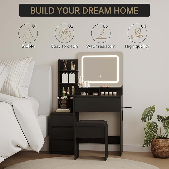 GAOMON Makeup Vanity Desk with Mirror and Lights - 36" Vanity Table Set with 4 Drawers, Power Outlet, USB Ports, Stool, Dressing Table with 3 Lighting Color Adjustable for Bedroom, Women, Black