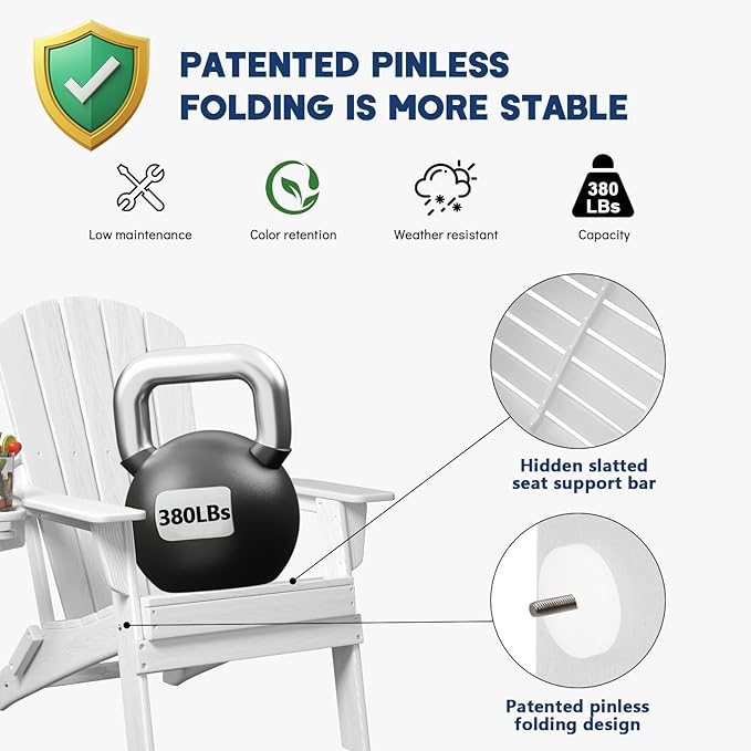 Plawdlik Folding Adirondack Chair, SGS Tested, Wooden Textured with Cup Holder, Heavy All-Weather HDPE Comfortable Set Poolside Backyard Lawn White Set 2