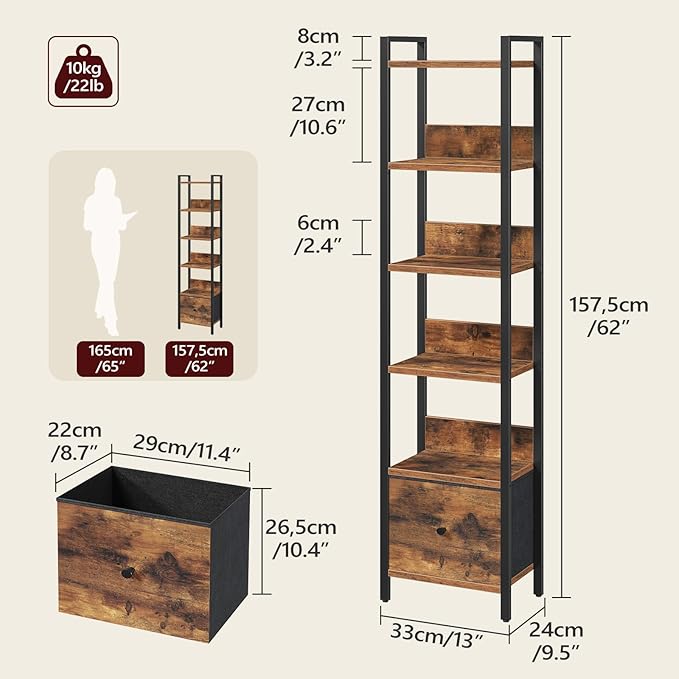 Bookshelf, 6-Tier Bookcase with Drawer, Small Book Shelf for Small Space, Storage Shelf Organizer, for Living Room, Bedroom, Study, Kitchen, Rustic Brown and Black BKHR66101