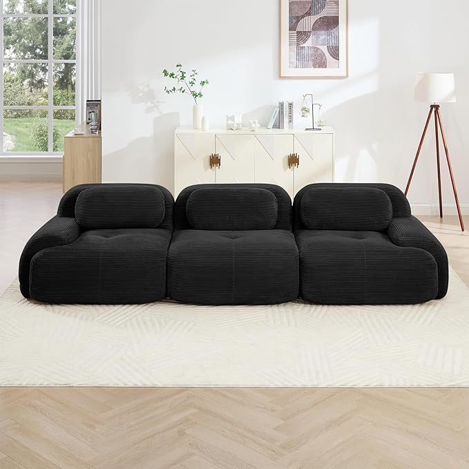 116" Modern Compressed Boneless Couch, 3 Seater Sectional Couches for Living Room, Black Corduroy Cloud Modular Sectional Sofa, Comfy Memory Foam, Extra Deep, Sofas para Sala, No Assembly