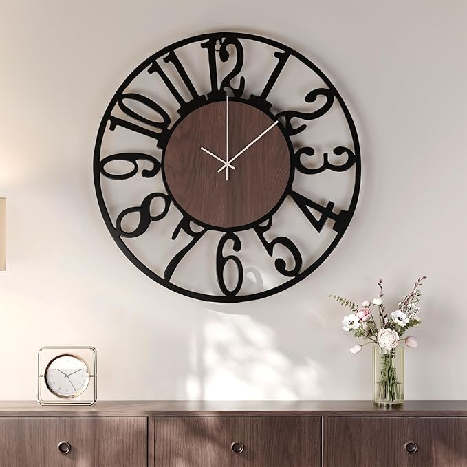 Cuspin Large Wall Clock 24 Inch for Living Room Decor, Silent Non Ticking Battery Operated Black Round Metal and Wood Wall Clock, Modern Farmhouse Rustic Big Clock with Arabic Numerals