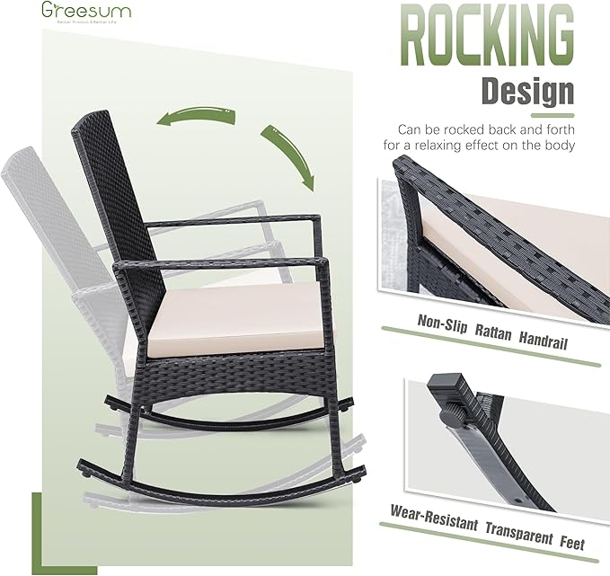 Greesum 3 Pieces Patio Furniture Set Outdoor Wicker Rocking Chairs with Glass Coffee Table for Garden Backyard Porch Poolside, Beige