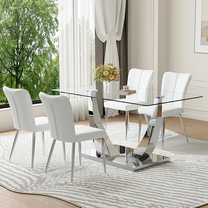 Glass Dining Table Set for 4,Dining Room Table Set for 4,Kitchen Table Set with 4 PU Leather Chairs,63'' Glass Dining Table Set with Silver U-Shaped Table Legs and Rectangular Base