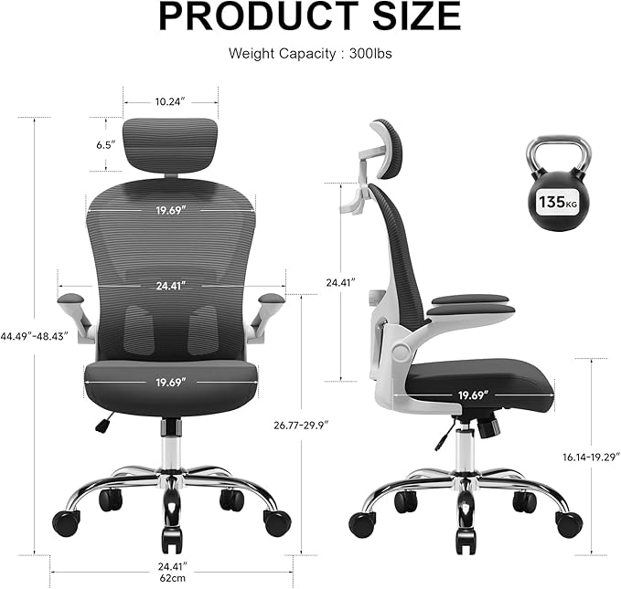 Ergonomic Gaming Chair with Adjustable Lumbar Support and Headrest, High Back Computer Chair for Office and Home Desk, 90-120° Reclining Swivel Task Chair with Flip-Up Arms(White-Grey)